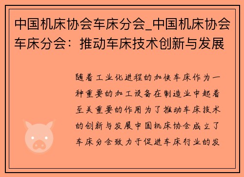 中国机床协会车床分会_中国机床协会车床分会：推动车床技术创新与发展